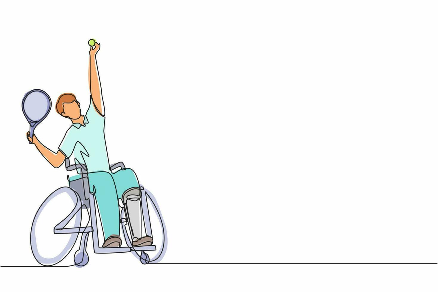 sport di tennis su sedia a rotelle con disegno a linea continua. atleta in sedia a rotelle con racchetta. persone attive. uomo. disabilità, politica sociale. supporto sociale. vettore di disegno grafico a linea singola