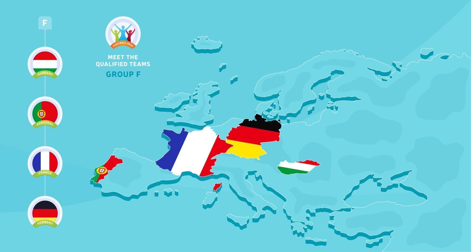 gruppo f illustrazione vettoriale del campionato di calcio europeo 2020 con una mappa dell'europa e bandiera dei paesi evidenziati qualificati per la fase finale e segno del logo su sfondo blu