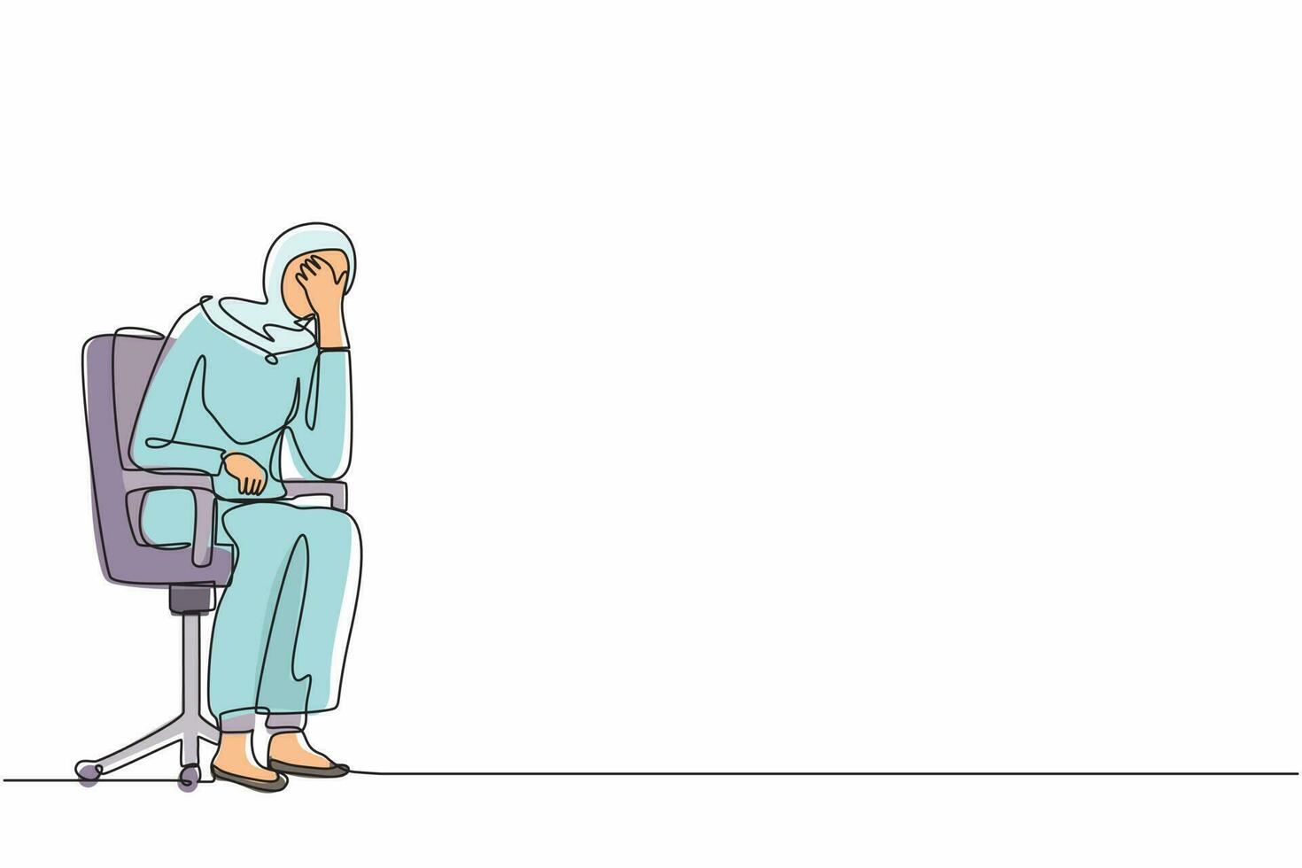 disegno a linea continua singola triste donna d'affari araba depressa seduta su una sedia pensando di trovare soldi per pagare le bollette durante la crisi. problemi finanziari e fallimento. disegno grafico a una linea vettore
