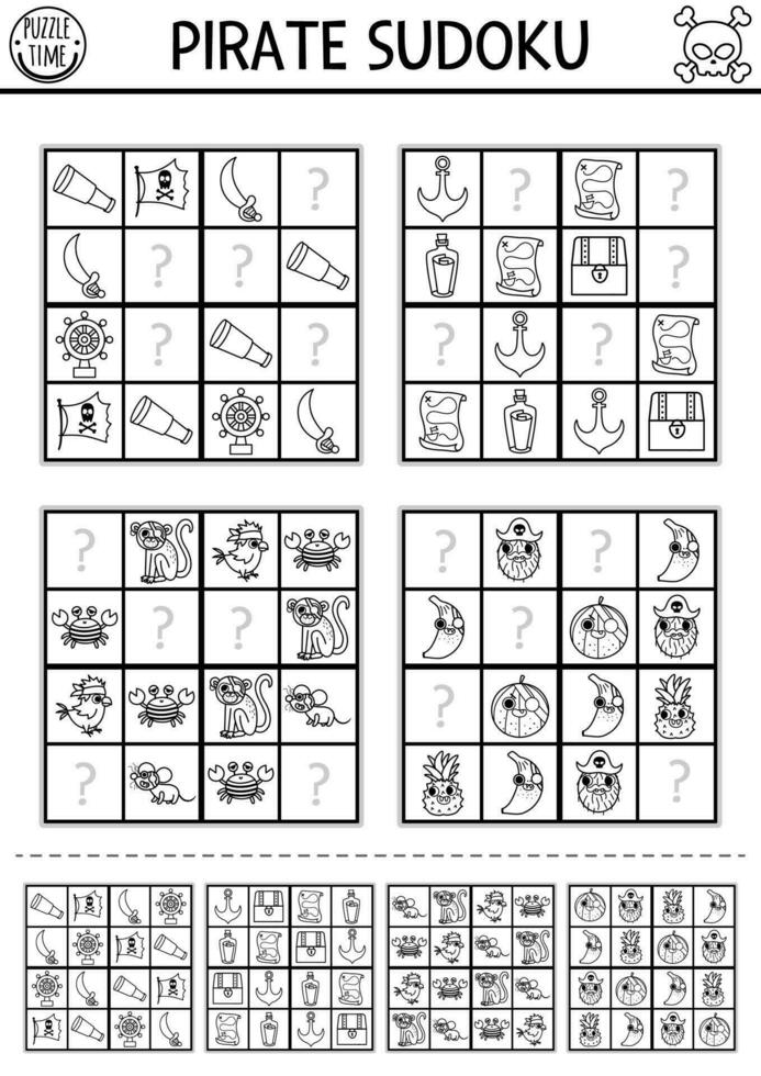 nero e bianca vettore pirata sudoku puzzle per bambini con immagini. semplice linea Tesoro isola quiz con Rispondere. formazione scolastica attività o colorazione pagina. disegnare mancante oggetti