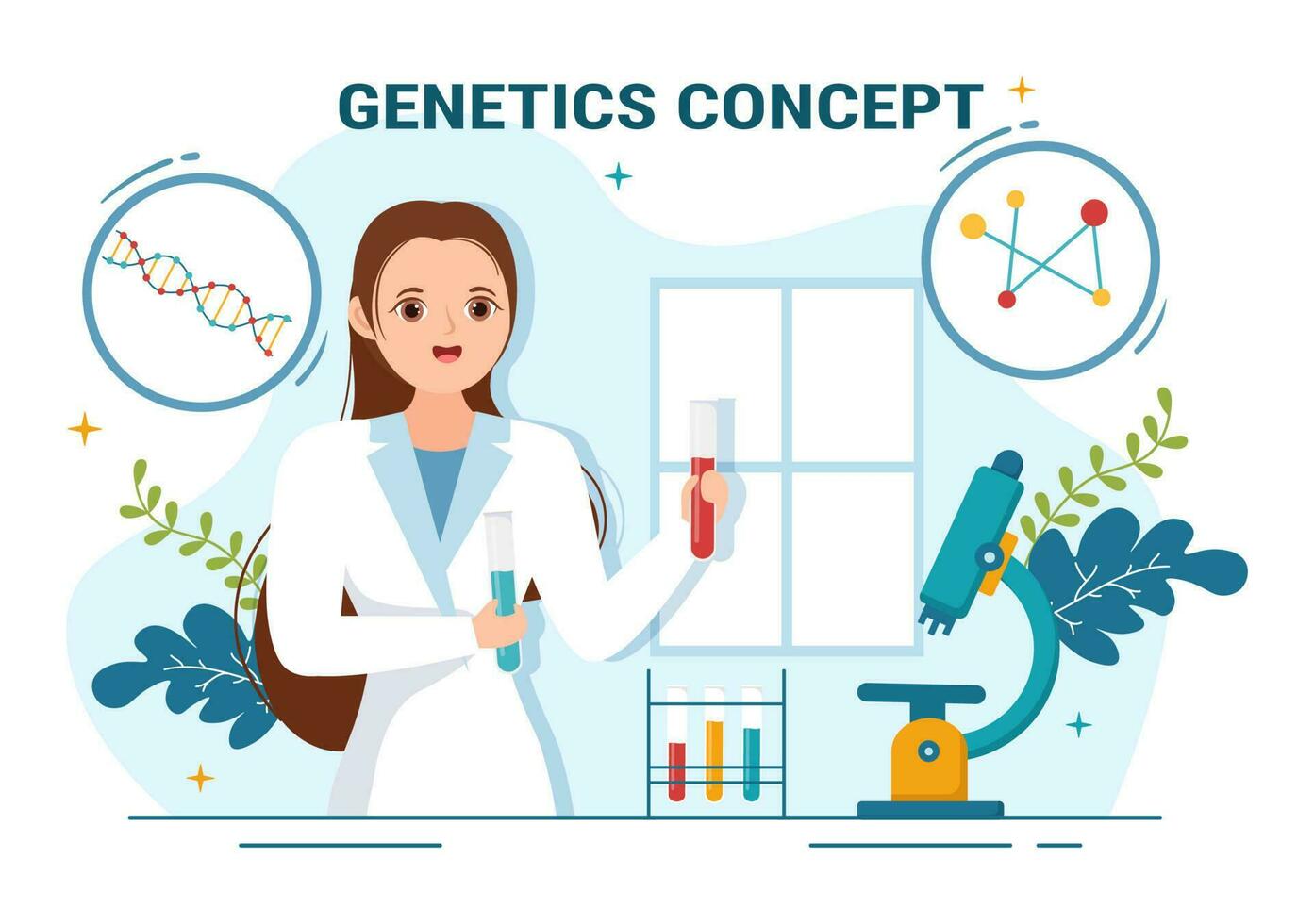 genetico scienza concetto vettore illustrazione con dna molecola struttura e scienza tecnologia nel assistenza sanitaria piatto cartone animato mano disegnato modelli