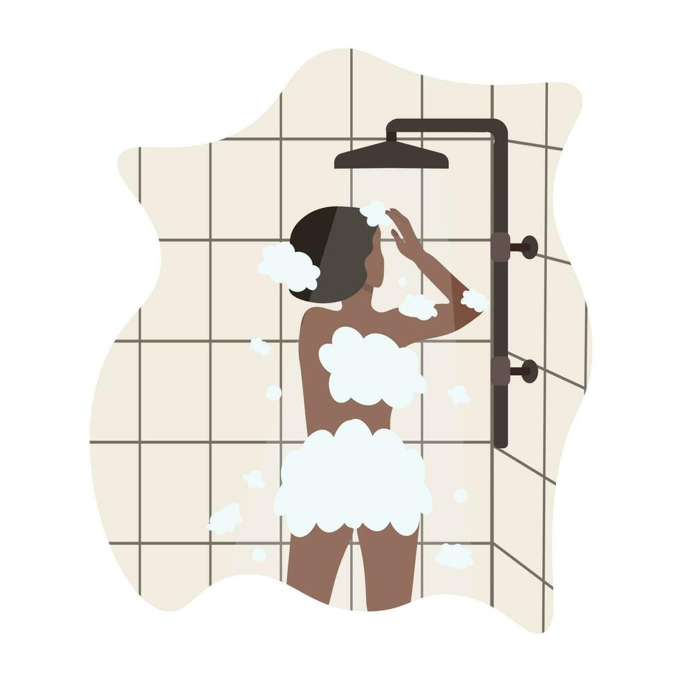 nero donna assunzione doccia e lavaggio sua corpo, assunzione cura di se stessa. assunzione doccia, igiene e rilassamento, bagno concetto vettore