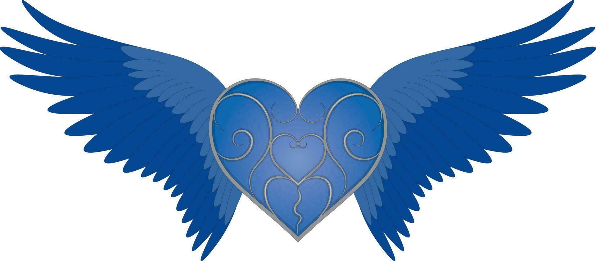 blu raggiante alato cuore con argento modello su superficie vettore illustrazione