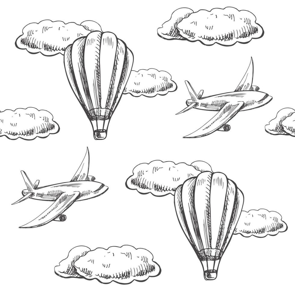 mano disegnato vettore illustrazioni - senza soluzione di continuità modello di Palloncino, aereo e nuvole. tropico sfondo. Perfetto per inviti, saluto carte, manifesti, stampe, striscioni, volantini eccetera
