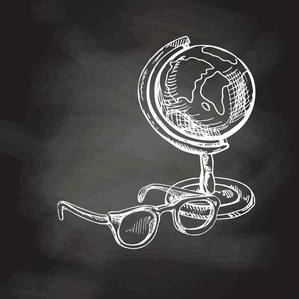 mano disegnato schizzo di Vintage ▾ globo e occhiali. Vintage ▾ vettore illustrazione isolato su lavagna sfondo. scarabocchio disegno.