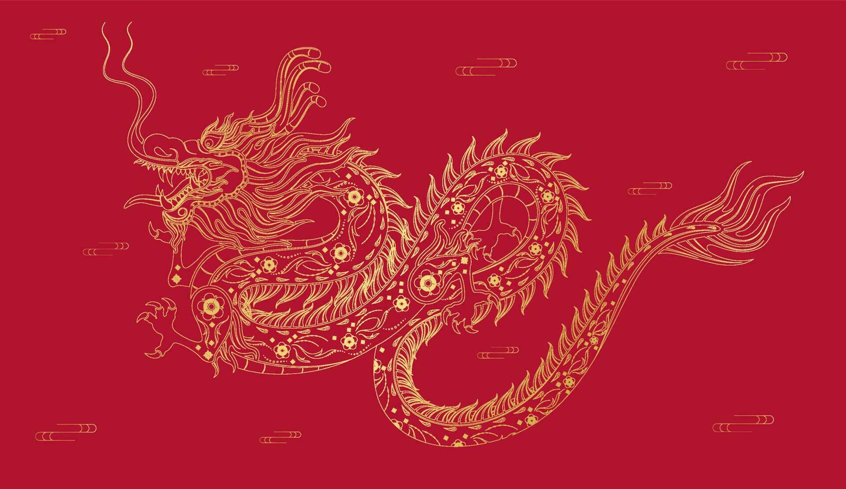 contento Cinese nuovo anno 2024. Cinese Drago, linea disegno oro moderno fiore modello. su rosso sfondo per carta design Stampa media. Cina lunare calendario animale. vettore eps 10.