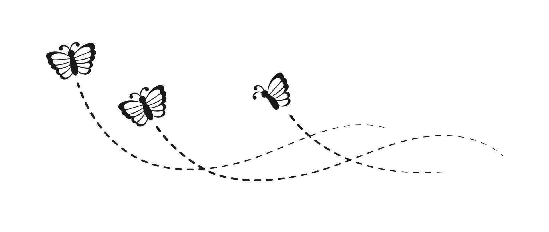 volante farfalla con tratteggiata linea itinerario silhouette. bellissimo farfalle elegante insetti con Aperto Ali sentiero. vettore design elementi per primavera e estate.