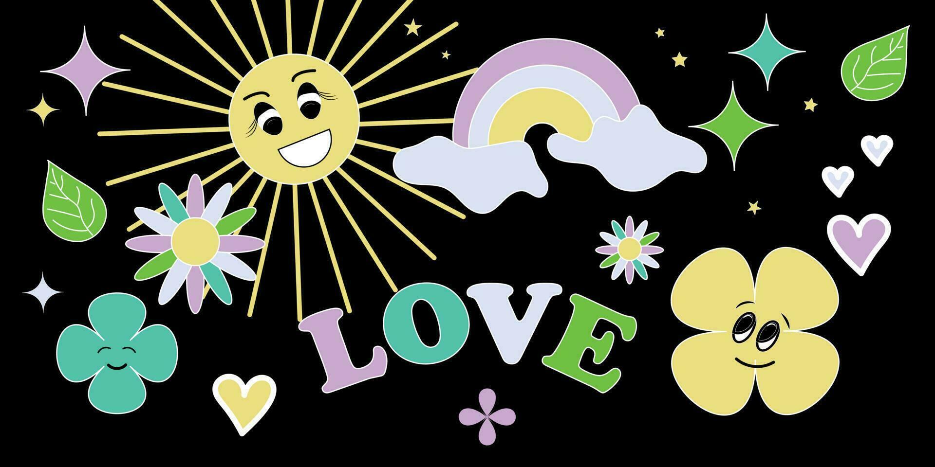 un' Groovy hippie di il anni '70. divertente cartone animato fiore, arcobaleno, amore, cuore, camomilla. etichetta imballare nel un' alla moda retro-psichedelico cartone animato stile. indipendente, autonomo vettore illustrazione.