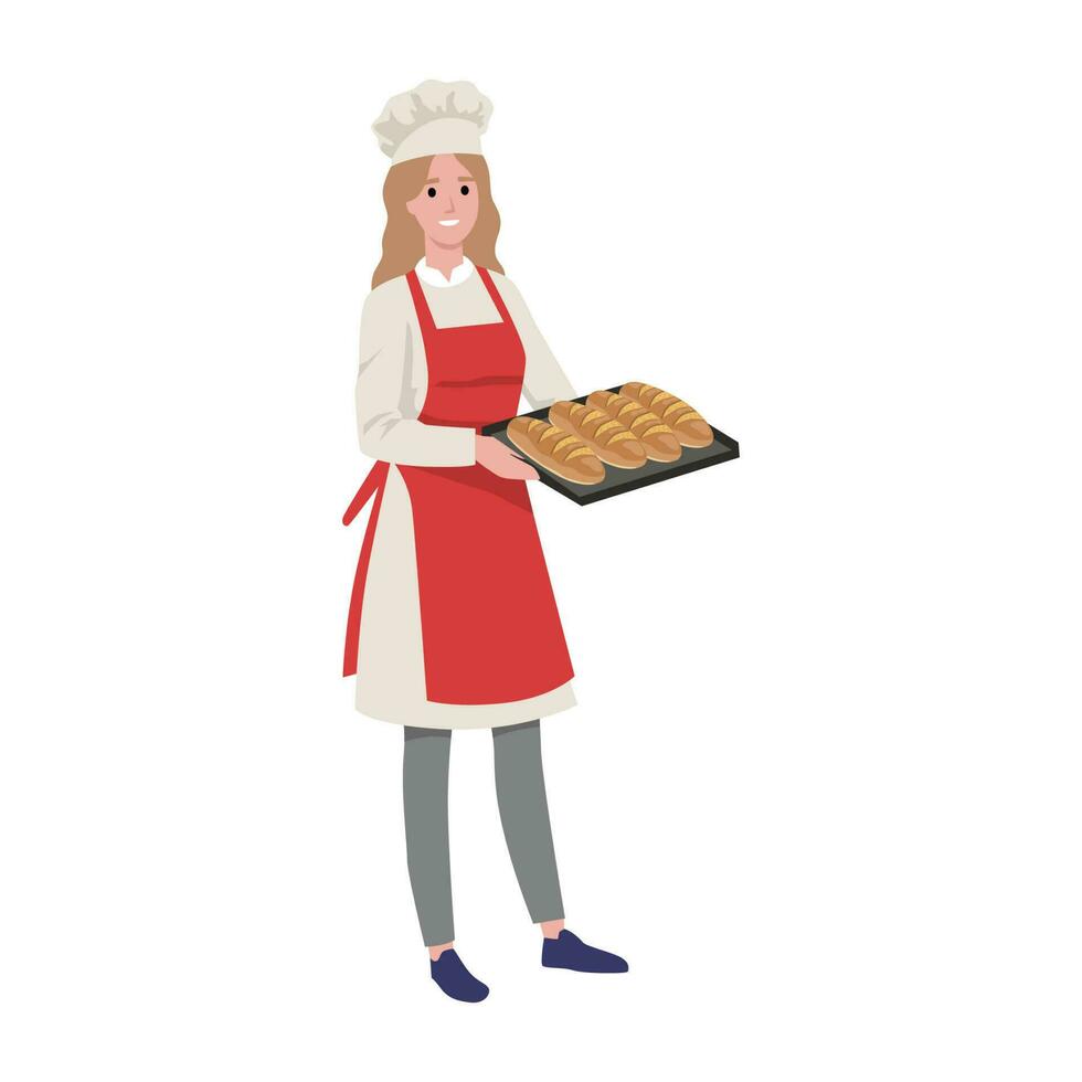 bellissimo donna panettiere in piedi con un' cottura al forno vassoio con biscotti. cartone animato femmina personaggio a opera. forno prodotti e pasticcini vettore