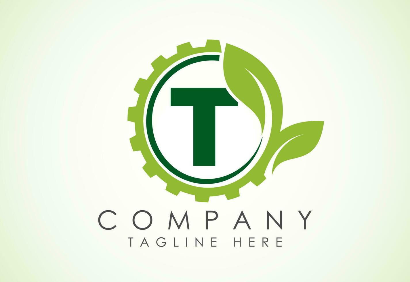inglese alfabeto t con Ingranaggio e foglia. eco tecnologia logo, verde eco Tech logo modello design vettore. natura industria vettore