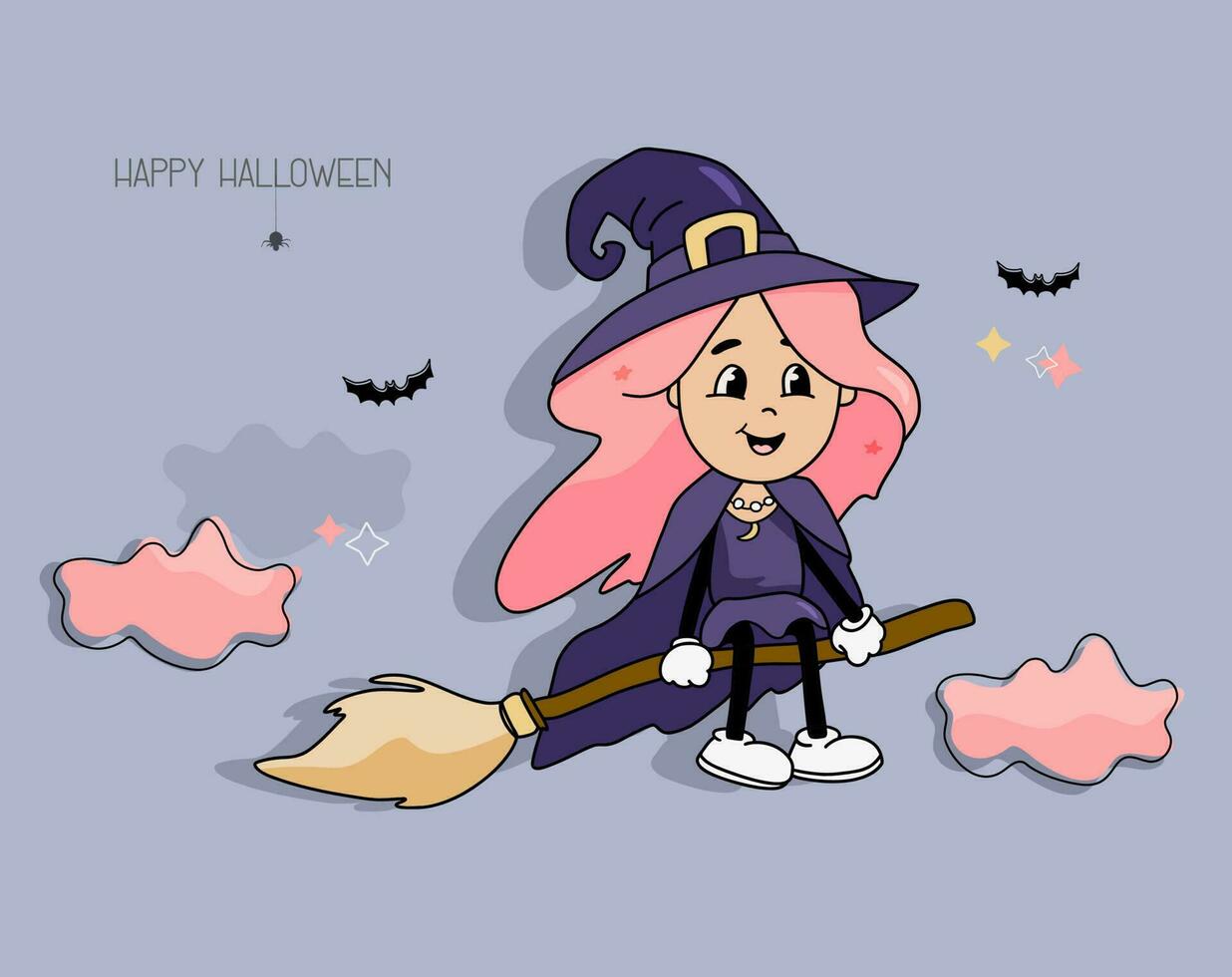 Halloween strega su un' scopa, carino poco strega ragazza volare, cartone animato ragazza personaggio con rosa capelli, carino Halloween portafortuna nel Groovy stile vettore