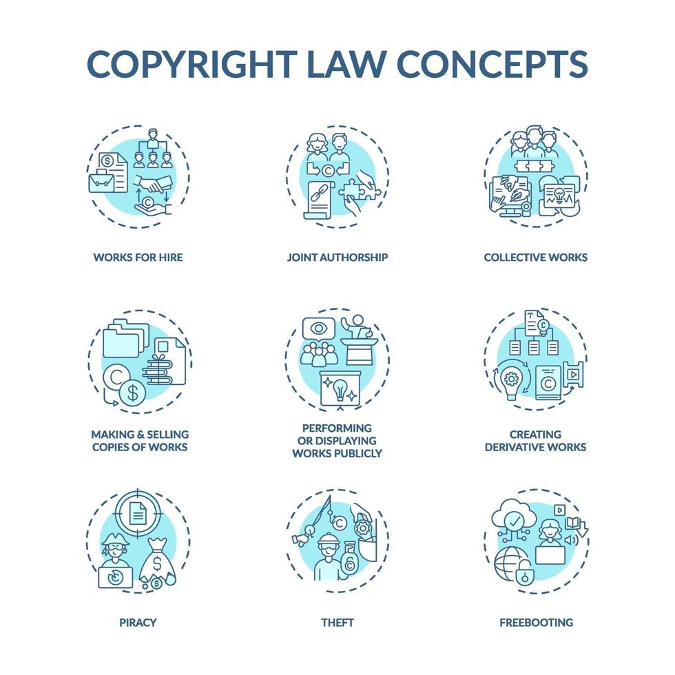 set di icone di concetto di diritto d'autore vettore