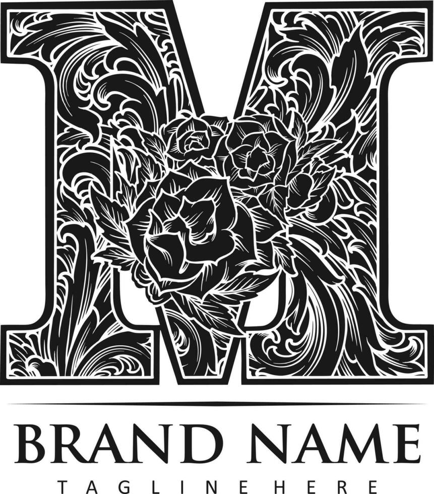 classico iniziale m font fiorire elegante ornamento logo monocromatico vettore illustrazioni per il tuo opera logo, merce maglietta, adesivi e etichetta disegni, manifesto, saluto carte pubblicità attività commerciale