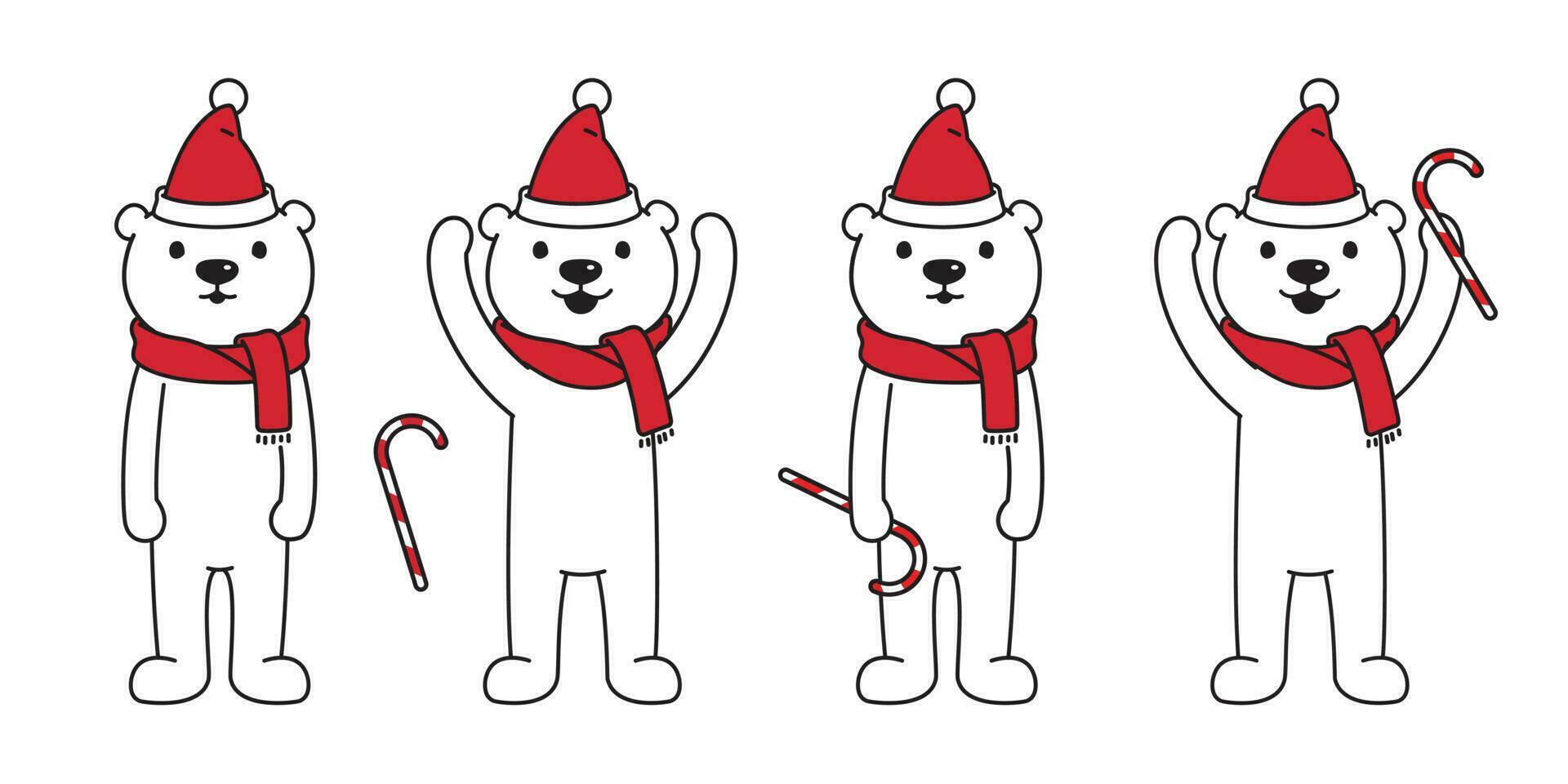 orso vettore Natale polare orso Santa Claus cappello caramella canna rosso sciarpa cartone animato personaggio icona illustrazione