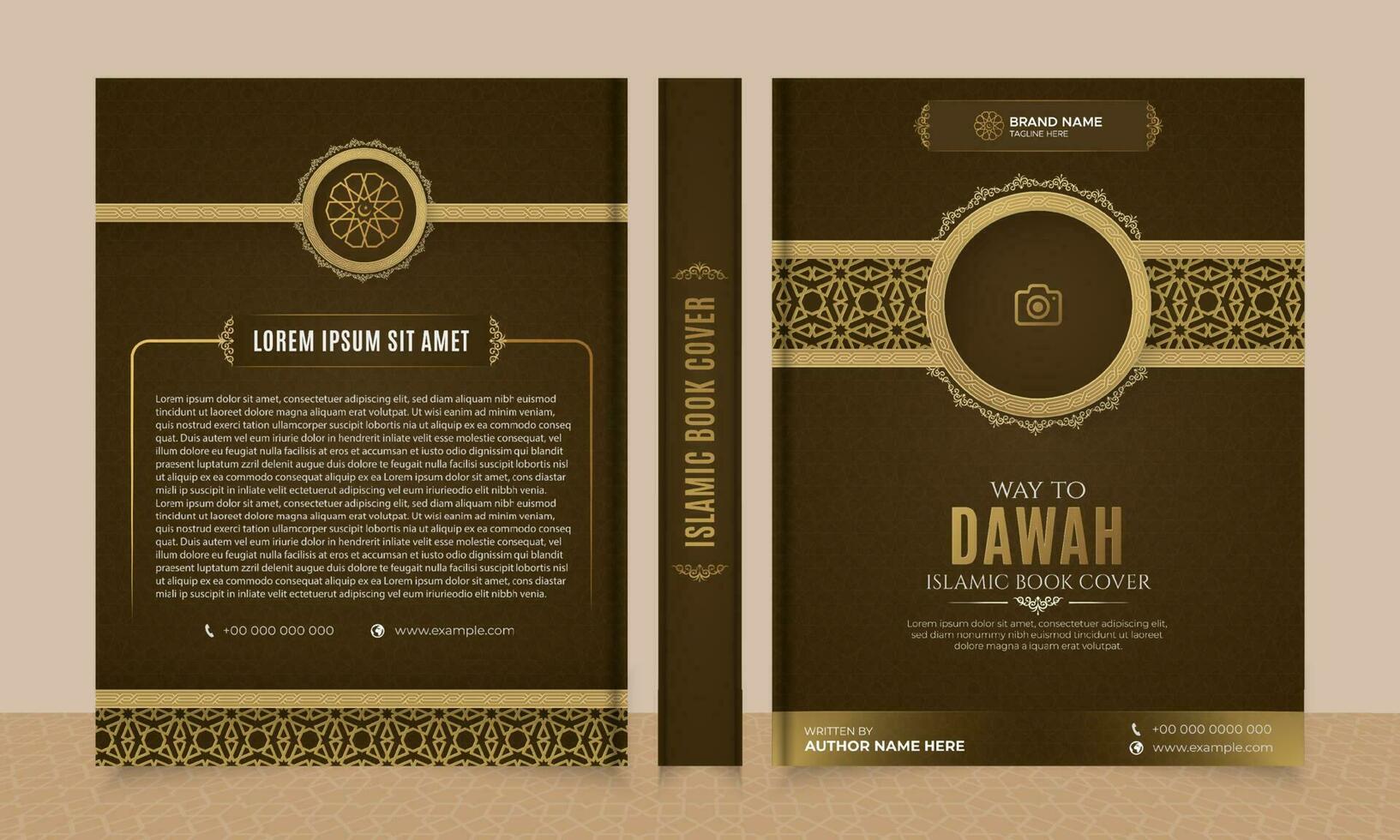 Arabo islamico stile Marrone libro copertina design con Arabo modello e foto telaio vettore