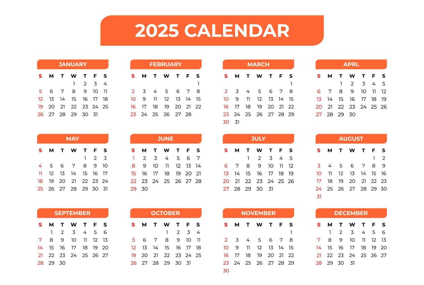 2025 di base calendario nel bianca sfondo vettore