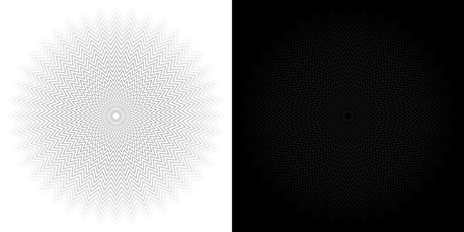 astratto sfondo modello. quaranta punte a forma di stella strisce nel bianca, grigio, nero alternato buio e leggero colori. il pendenza linea illusione si estende a partire dal il centro. vettore illustrazione.