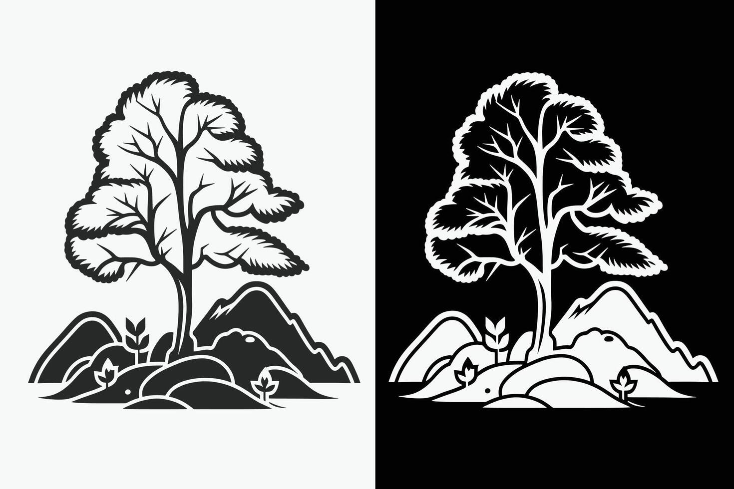 montagna schizzo, schema stile nero e bianca montagne e albero vettore, montagna albero icona illustrazione, montagna logo vettore