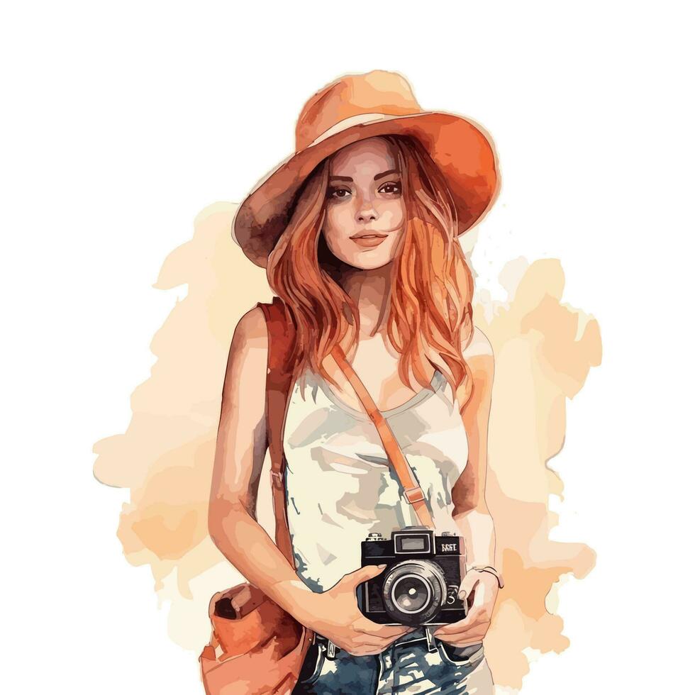 acquerello donna viaggiatore con telecamera concetto vettore