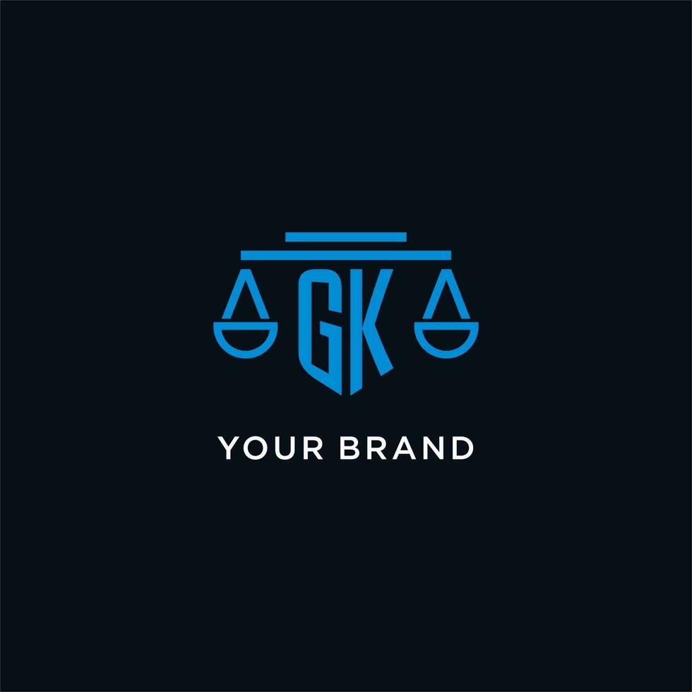 gk monogramma iniziale logo con bilancia di giustizia icona design ispirazione vettore