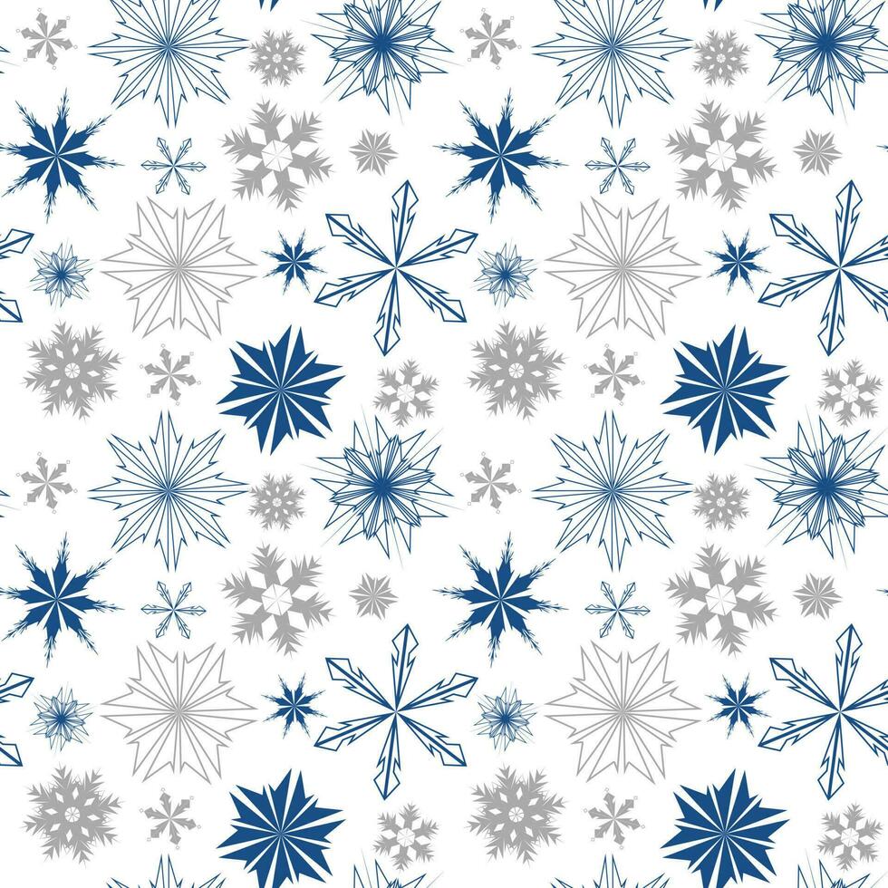 vettore modello con blu e argento i fiocchi di neve su un' bianca sfondo. nuovo anno S struttura per decorazione tessuti, carte, Abiti, inviti, decorazione, interno, eccetera.