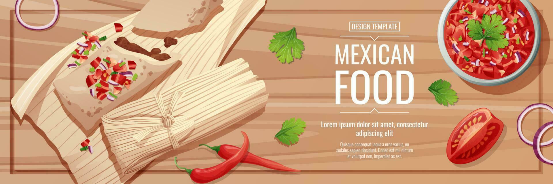 orizzontale bandiera con tamales e salsa salsa. tradizionale messicano cibo. vettore