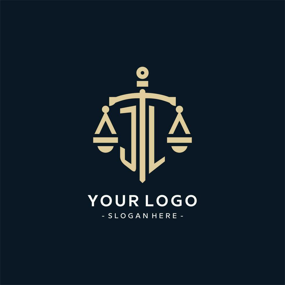jl iniziale logo con scala di giustizia e scudo icona vettore