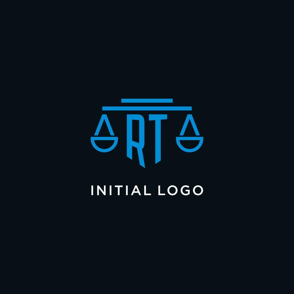 rt monogramma iniziale logo con bilancia di giustizia icona design ispirazione vettore