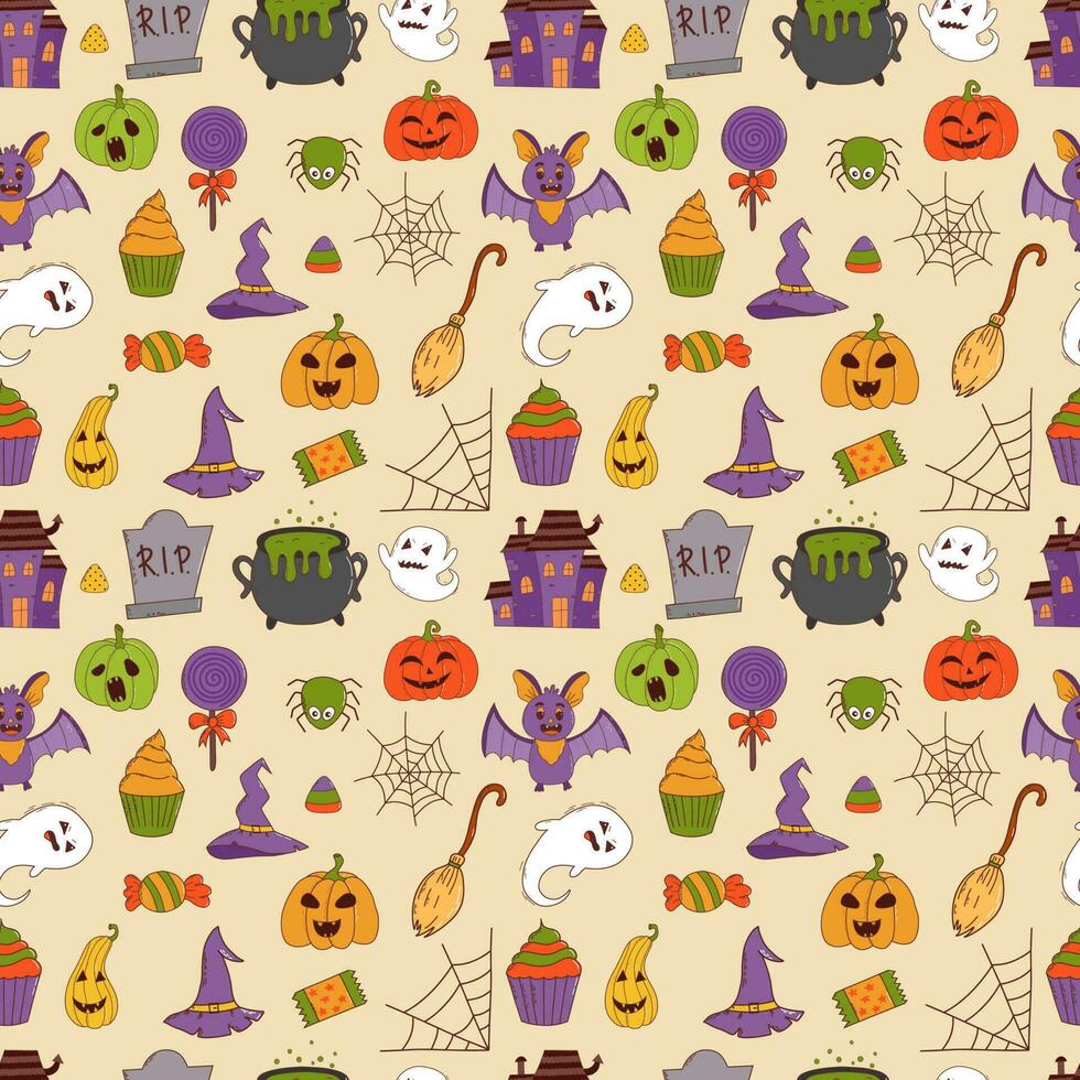 divertente Halloween senza soluzione di continuità modello zucca, fantasma, strega cappello, pipistrello, dolci, ragno, scopa. trucco o trattare concetto. vettore illustrazione nel mano disegnato stile