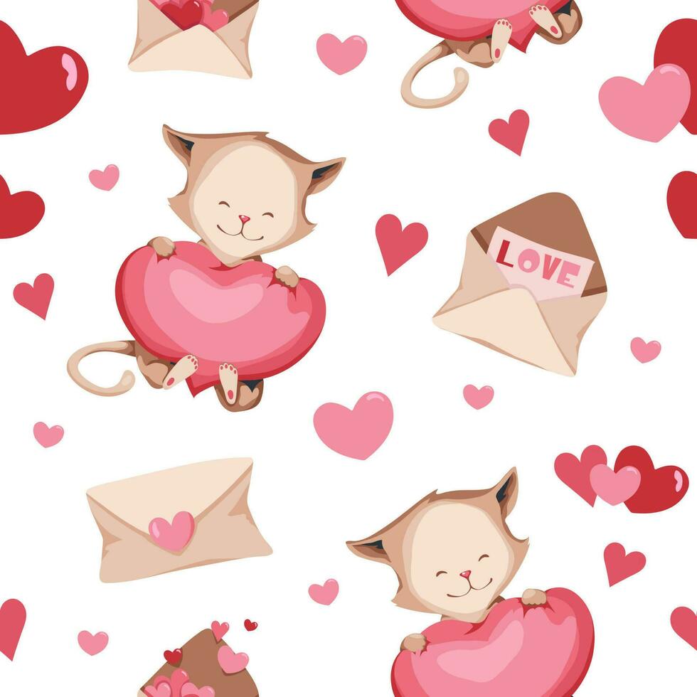 senza soluzione di continuità modello per San Valentino S giorno. carino gatto con cuori. grande per regalo carta, carte, festa e bambini arredamento. vettore