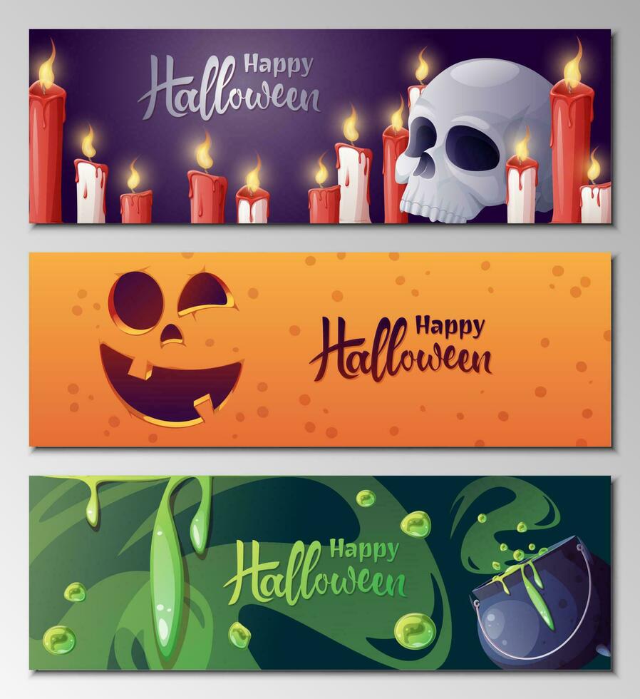 impostato di vettore banner per Halloween. strega S calderone, pauroso zucche, scopa, cranio, candele. illustrazione per saluto carte, inviti, striscioni, manifesti.