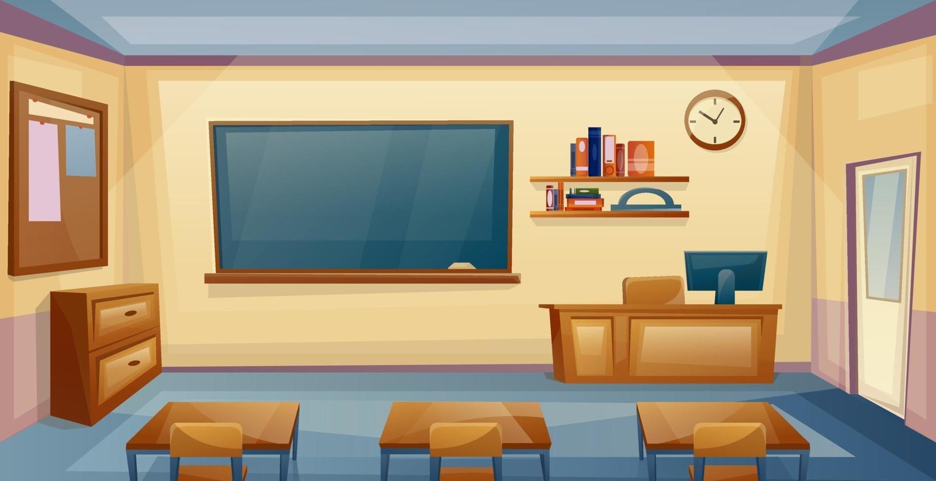 interno aula scolastica con scrivania e lavagna vettore