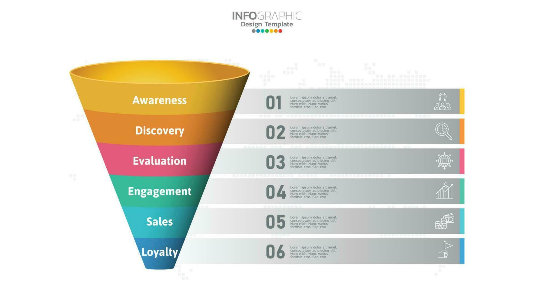 i saldi imbuto Infografica modello con 6 passaggi per marketing e avviare attività commerciale. vettore