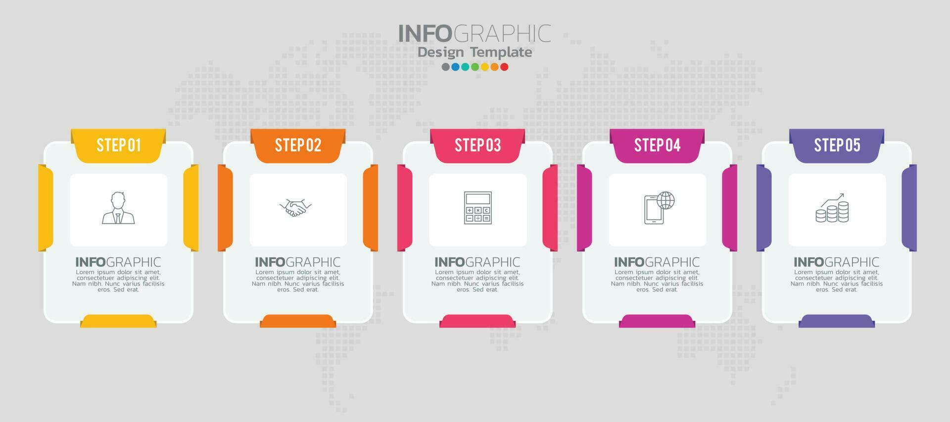 sequenza temporale progettato per attività commerciale, presentazioni, ragnatela disegno, interfaccia, diagrammi con 5 passaggi vettore