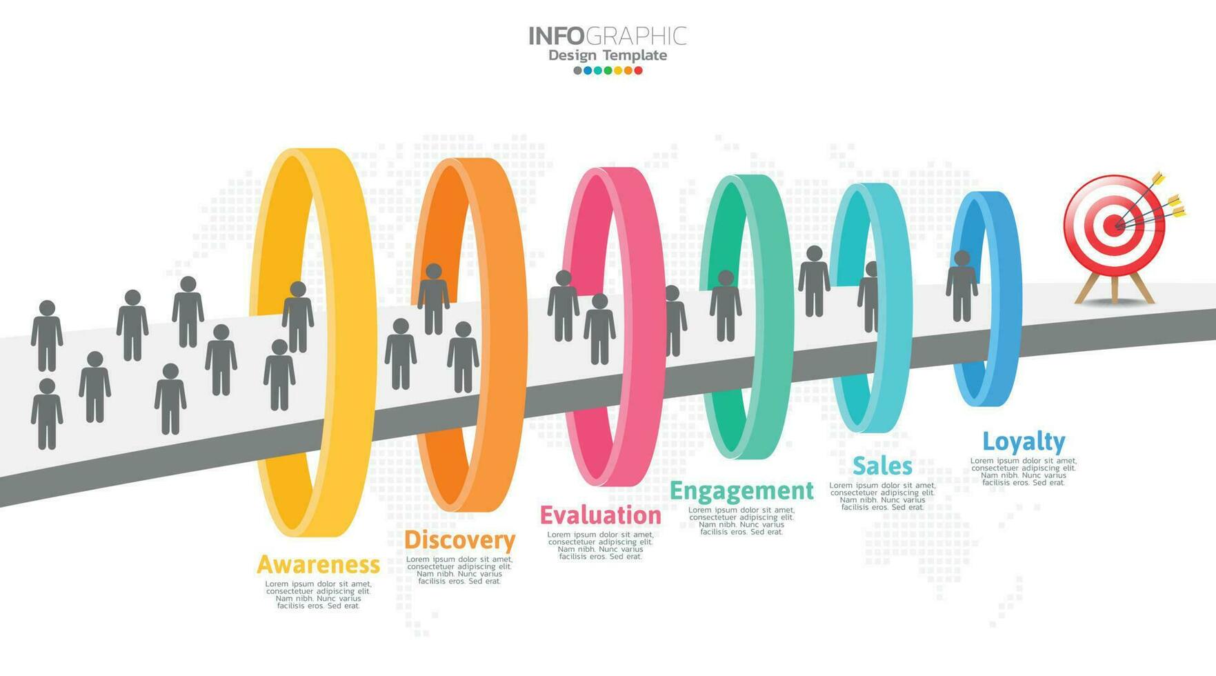 i saldi imbuto Infografica modello con 6 passaggi per marketing e avviare attività commerciale. vettore