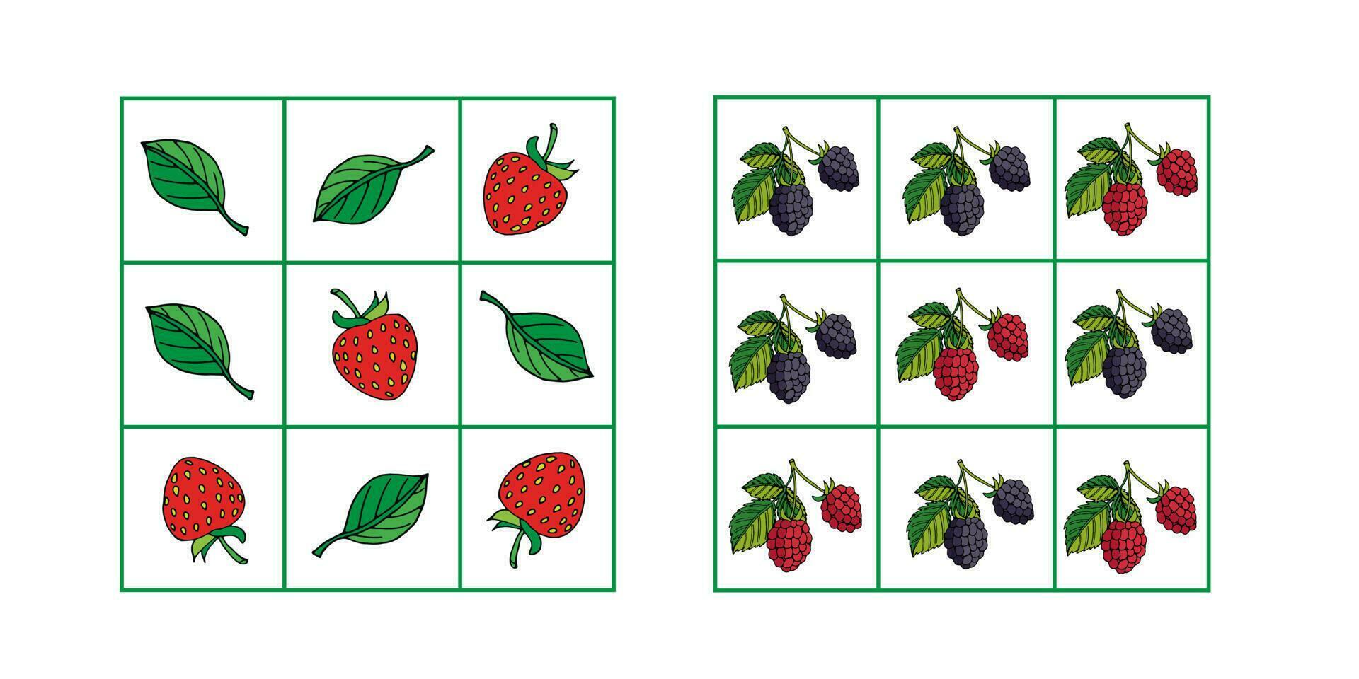 vettore illustrazione impostato di giocando i campi per il gioco tic-tac-toe o nulla e croci. versione con fragole, foglie, lamponi e more