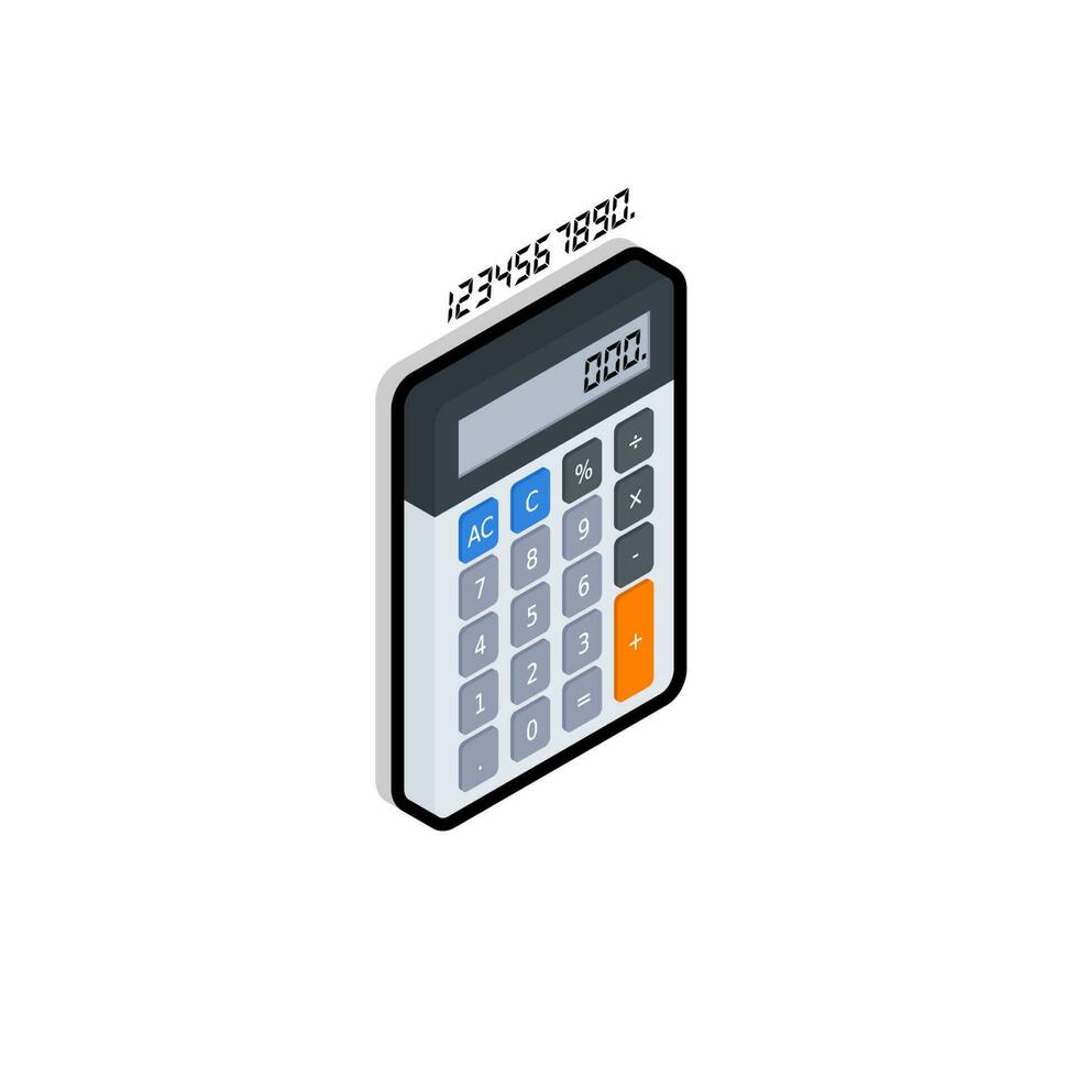 calcolatrice e digitale numero giusto Visualizza nero ictus e ombra icona vettore isometrico. piatto stile vettore illustrazione.