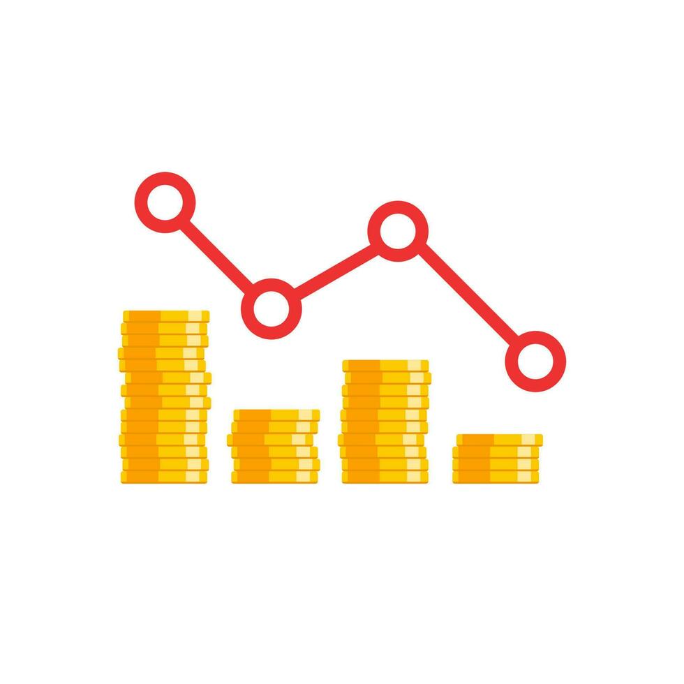 oro monete prezzo giù rosso grafico bianca sfondo icona vettore isolato. prezzo dollaro fuori uso. piatto stile vettore illustrazione.