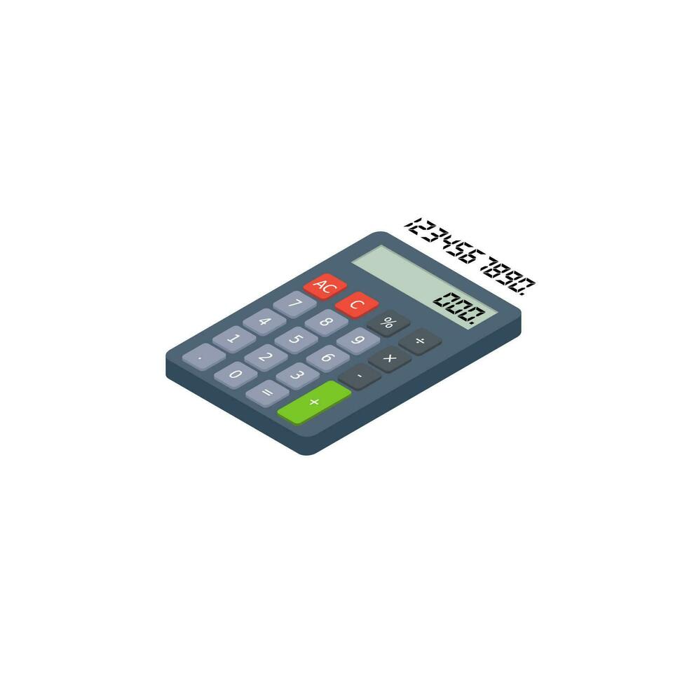 calcolatrice e digitale numero sinistra Visualizza bianca sfondo icona vettore isometrico. piatto stile vettore illustrazione.