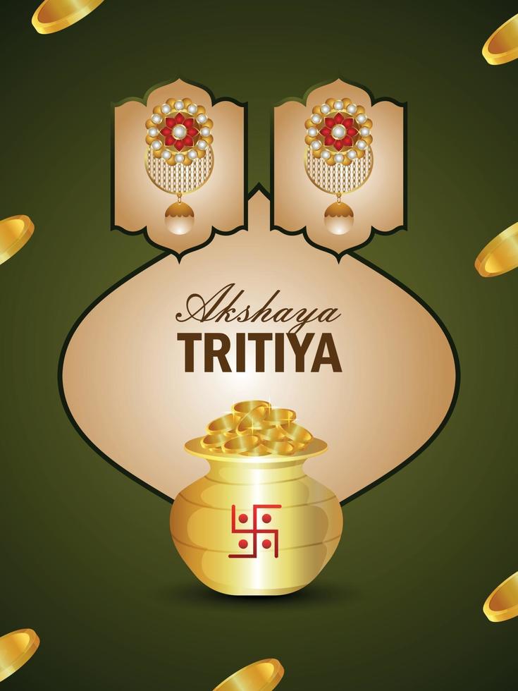 akshaya tritiya celebrazione sfondo festival della promozione della vendita india con orecchini d'oro e monete d'oro kalash vettore