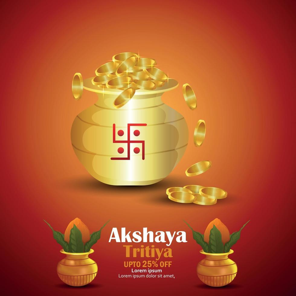 illustrazione creativa per il festival dello sfondo di vendita di akshaya tritiya con moneta d'oro e kalash vettore