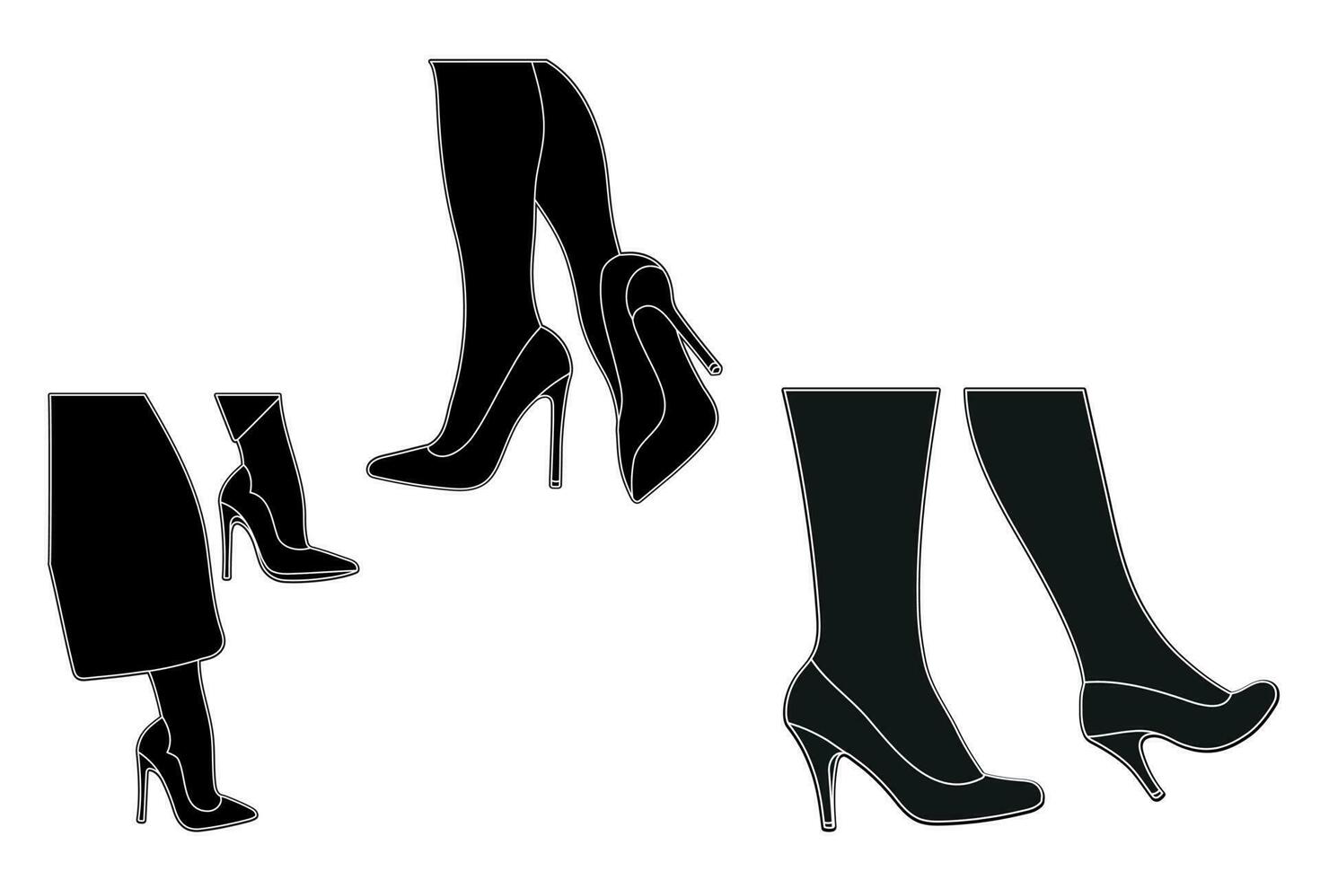 linea arte silhouette schema di femmina gambe nel un' posa. scarpe tacchi a spillo, alto tacchi. a passeggio, in piedi, in esecuzione, saltare, danza vettore