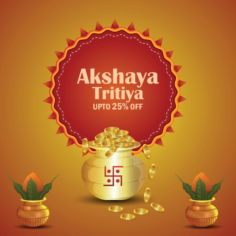 akshaya tritiya festival indiano della promozione della vendita di gioielli con pentola di monete d'oro e kalash tradizionale vettore