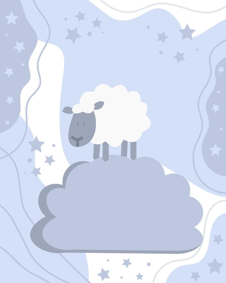 una pecora carina sta camminando sulla nuvola tra l'illustrazione di vettore del concetto di stelle