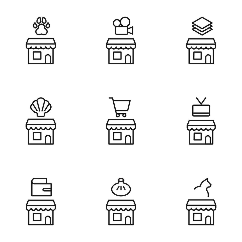 vettore schema segni e simboli disegnato nel piatto stile con nero magro linea. modificabile colpi. linea icone di zampa, cinema, film, telecamera, carta, conchiglia e altro elementi al di sopra di negozio