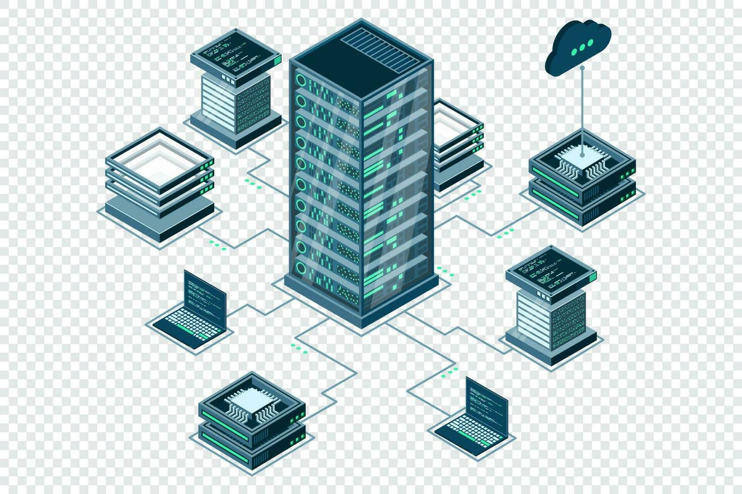 computer tecnologia isometrico illustrazione. calcolo di grande dati centro. nube informatica. in linea dispositivi caricare e Scarica informazione. moderno 3d isometrico vettore illustrazione