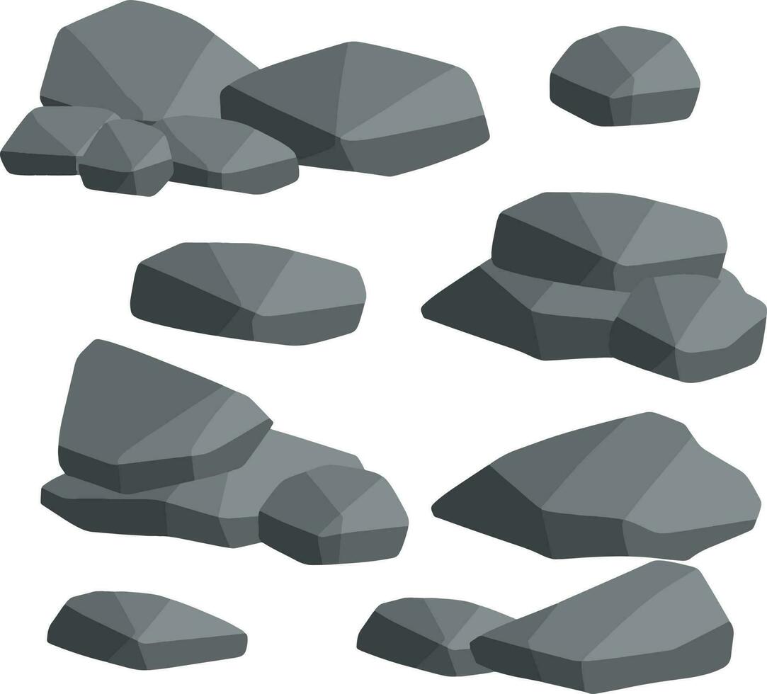 impostato di grigio granito pietre di diverso forme. piatto illustrazione. minerali, masso e ciottolo. elemento di natura, montagne, rocce, grotte vettore