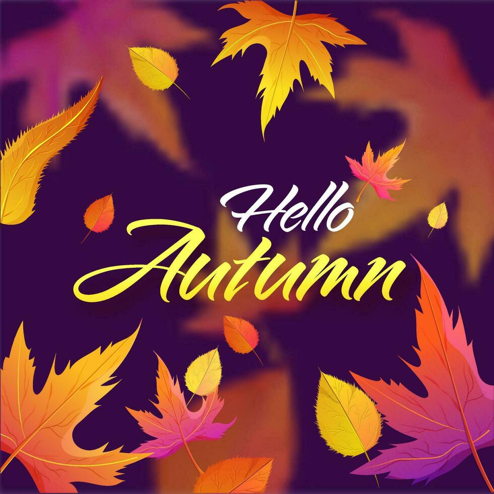 Ciao autunno font con pendenza le foglie decorato viola sfondo. vettore