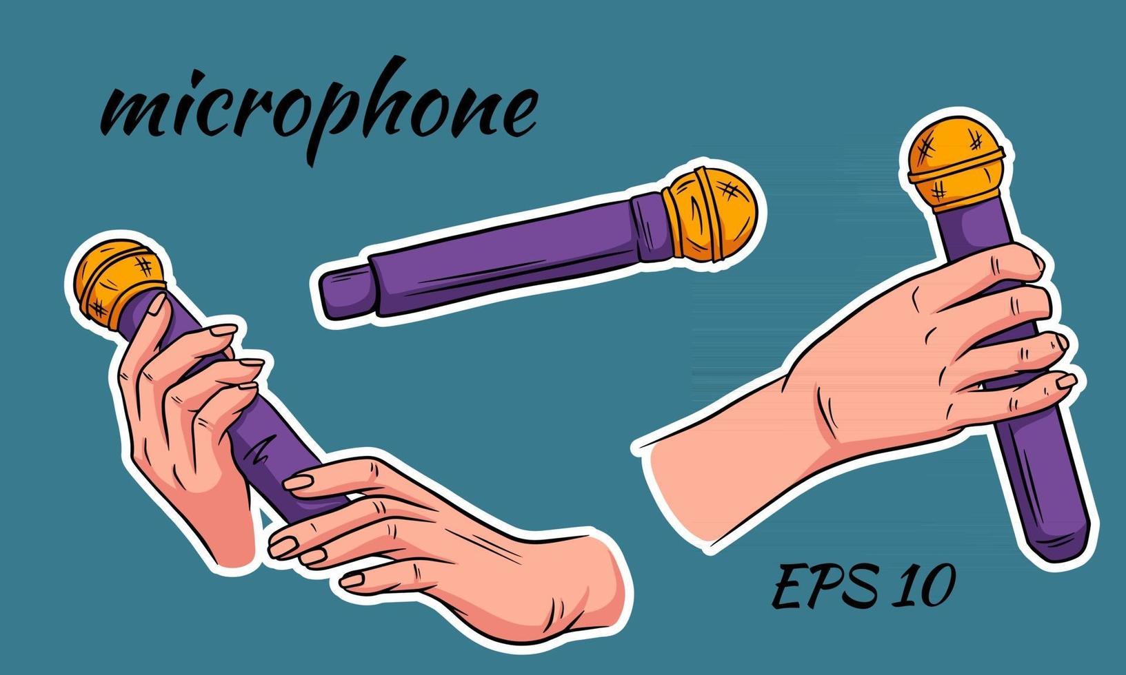 il suono del microfono aumenta il volume del microfono vocale in mano in stile cartone animato vettore