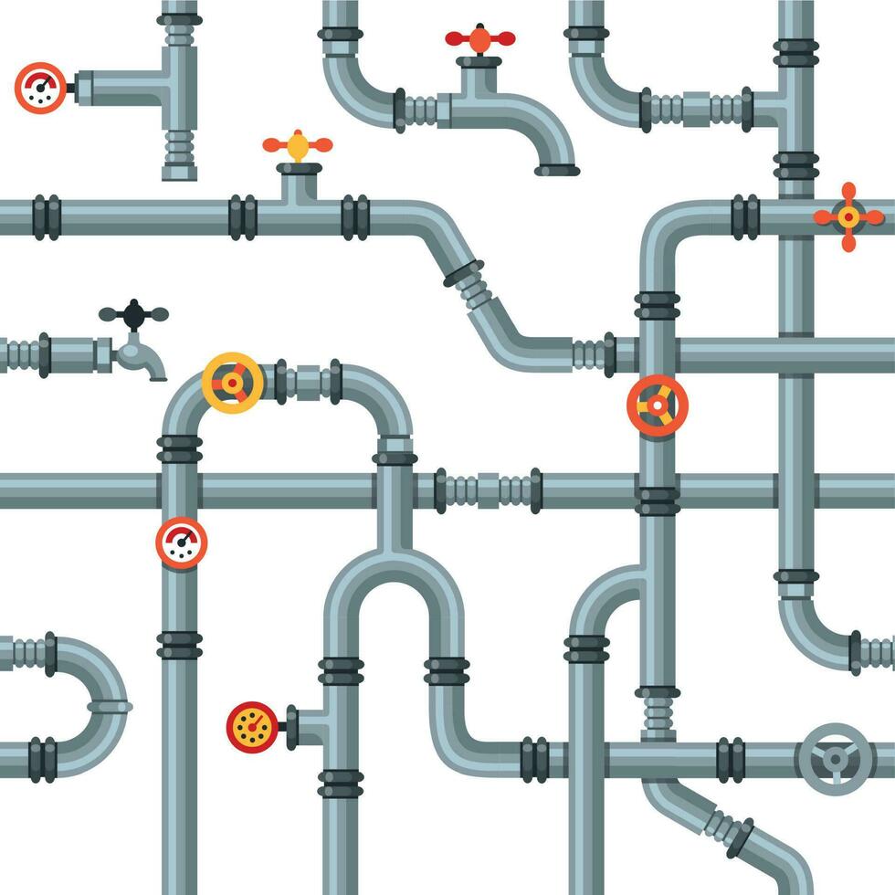 industriale tubi senza soluzione di continuità modello. tubo valvole e rubinetti, drain raffreddamento o riscaldamento sistema condutture gas pressione valutare vettore concetto